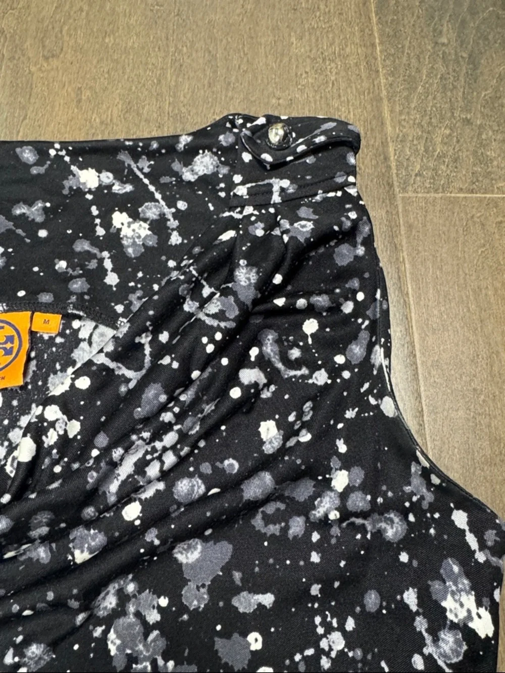 Tory Burch Silk Dress M Black White Paint Splatter Cowl Neck Sheath